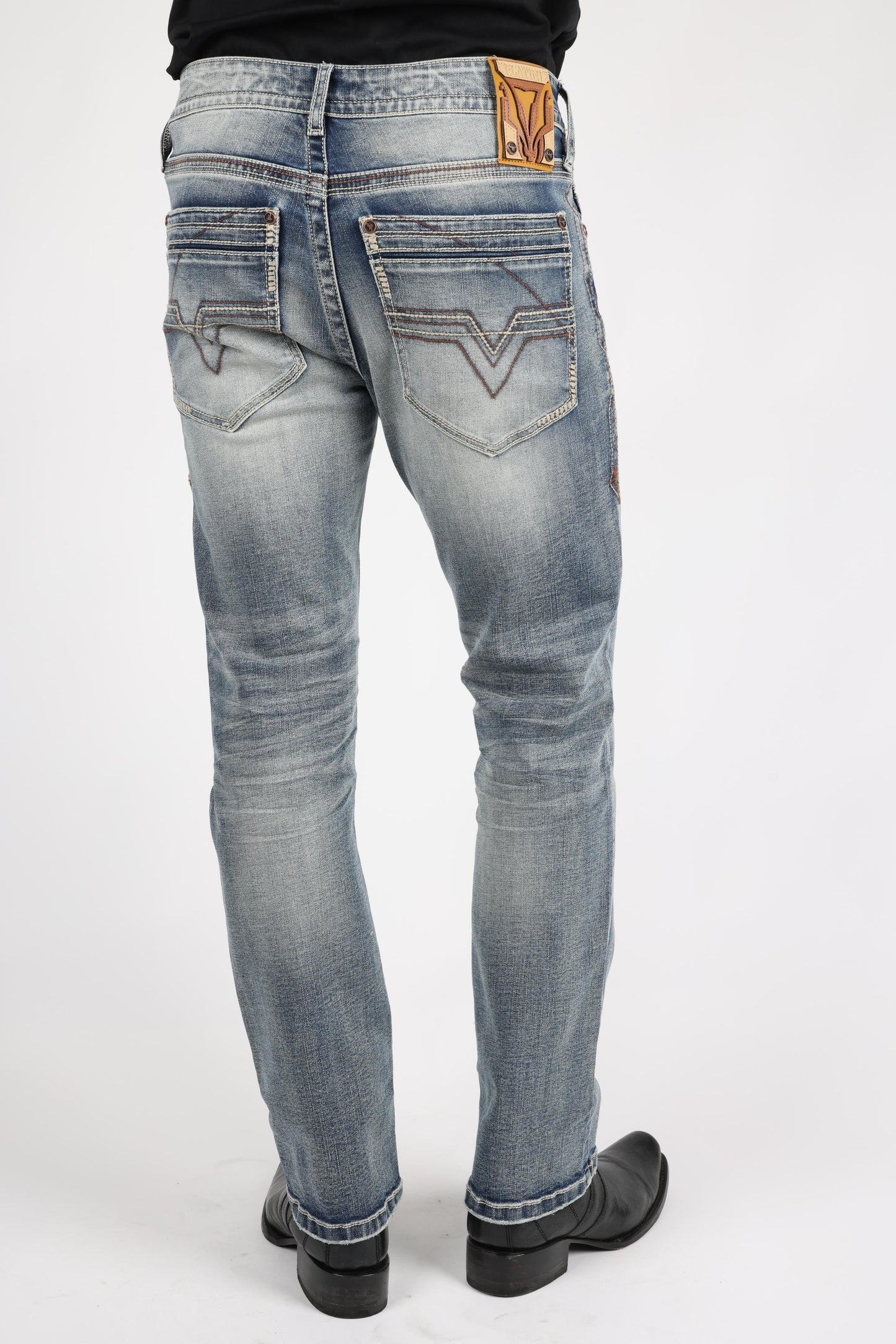 Platini Holt men’s blue boot cut jeans rear view