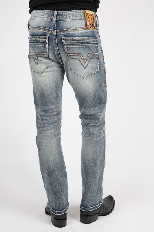 Platini Holt men’s blue boot cut jeans rear view