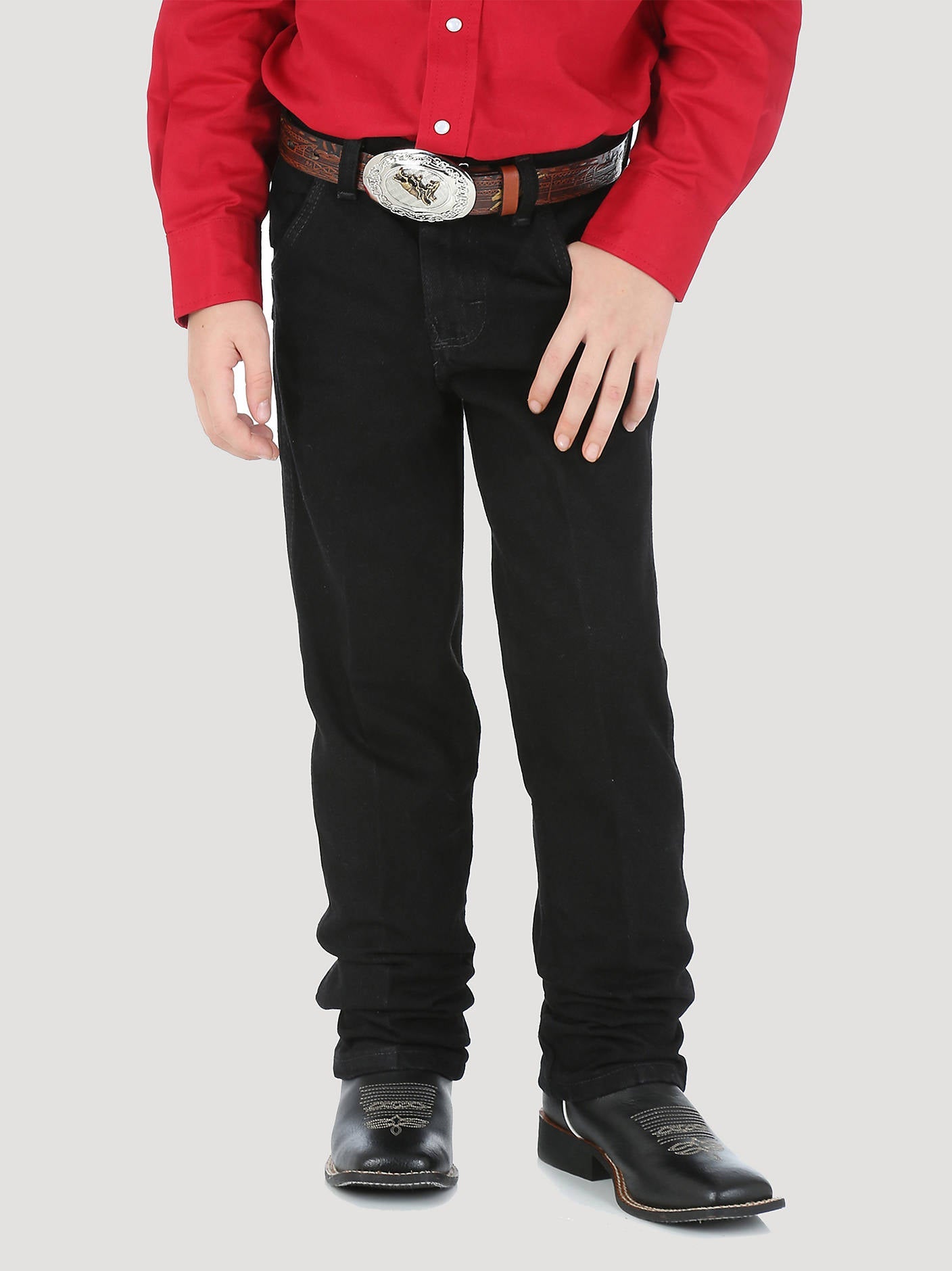 Wrangler Boy’s Cowboy Cut Original Fit Jean front view on model in black denim