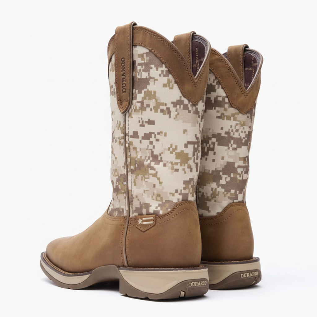 Pair of Durango Rebel Desert Camo Pull-On Western Boot back view with pull straps