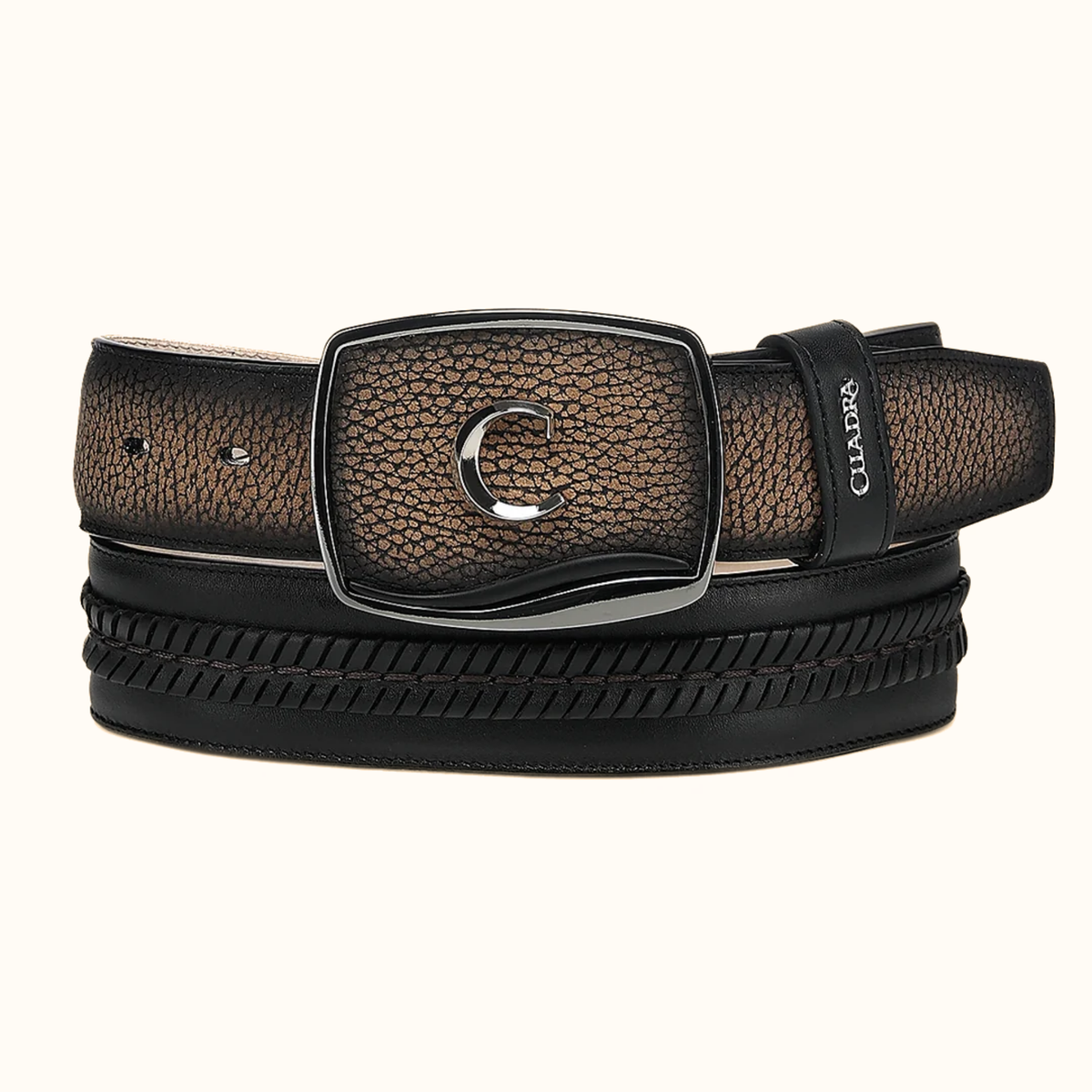 Cuadra men’s chocolate bison leather woven Western belt front view