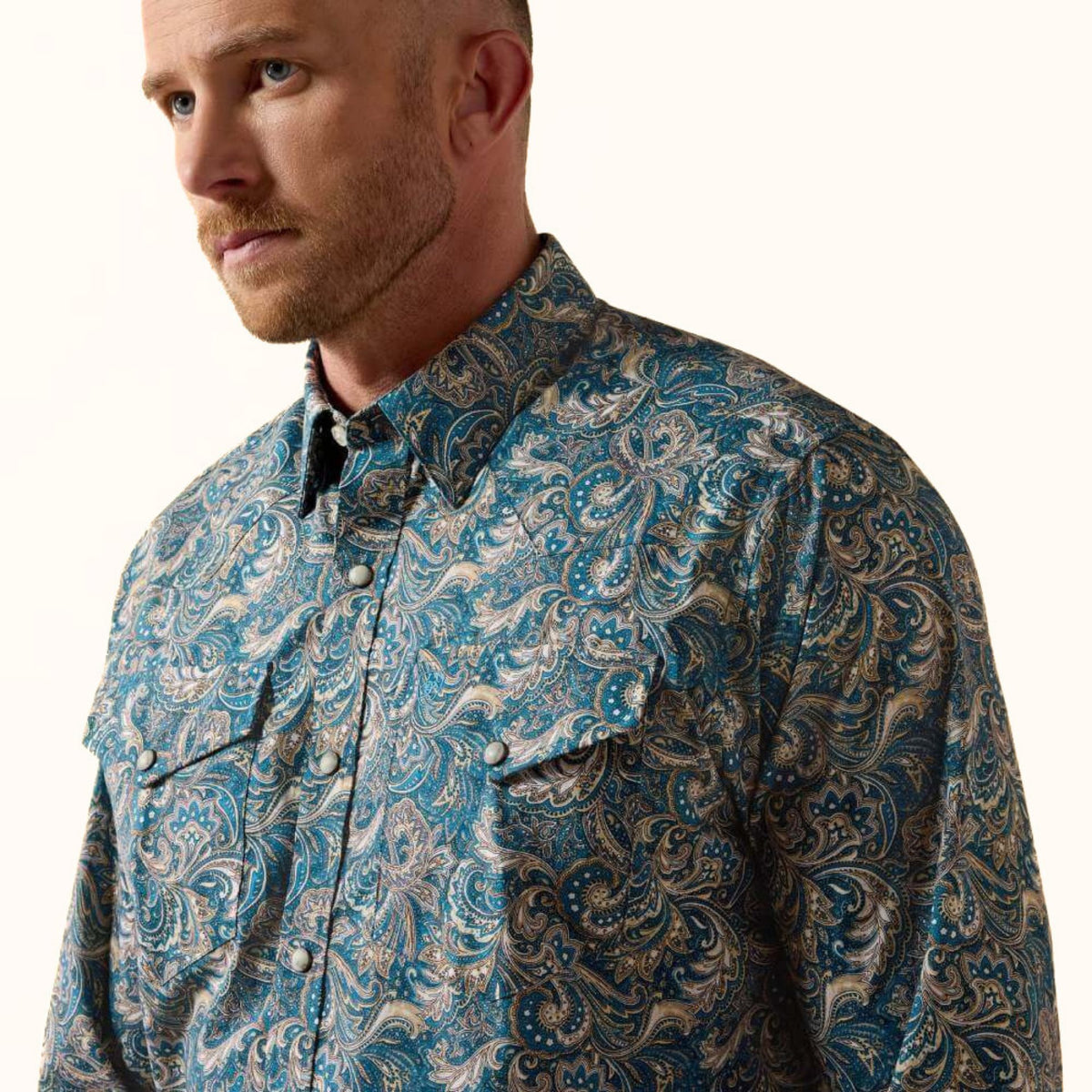Ariat Cedric Classic Fit Snap Shirt blue Western print front close-up view