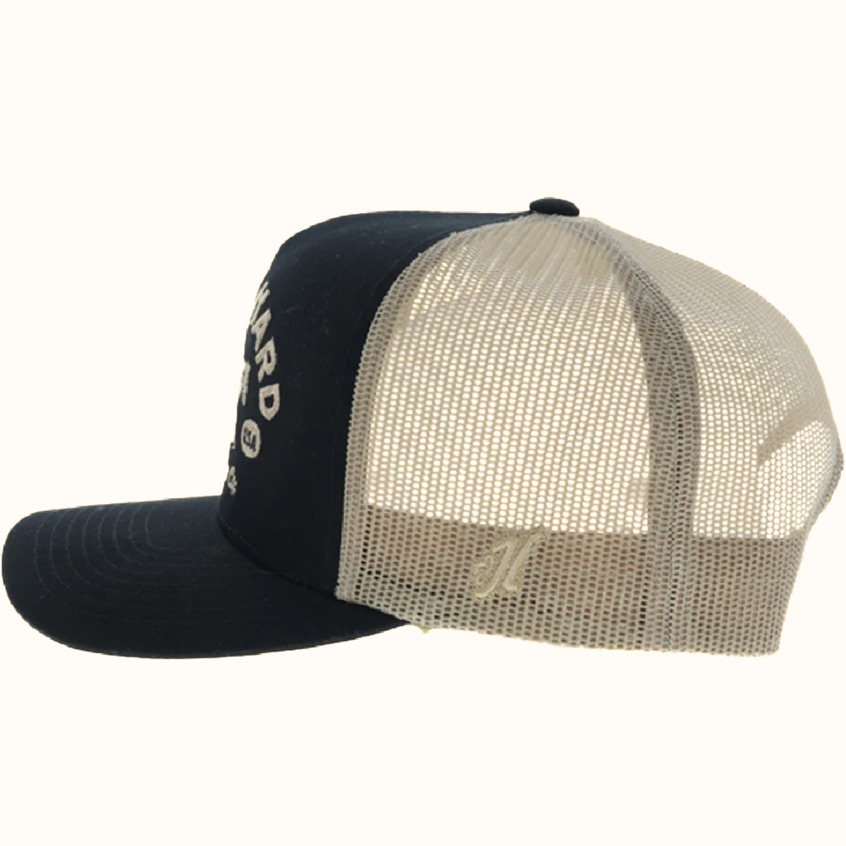Hooey Buckin’ Hard black and tan 5-panel trucker hat side view