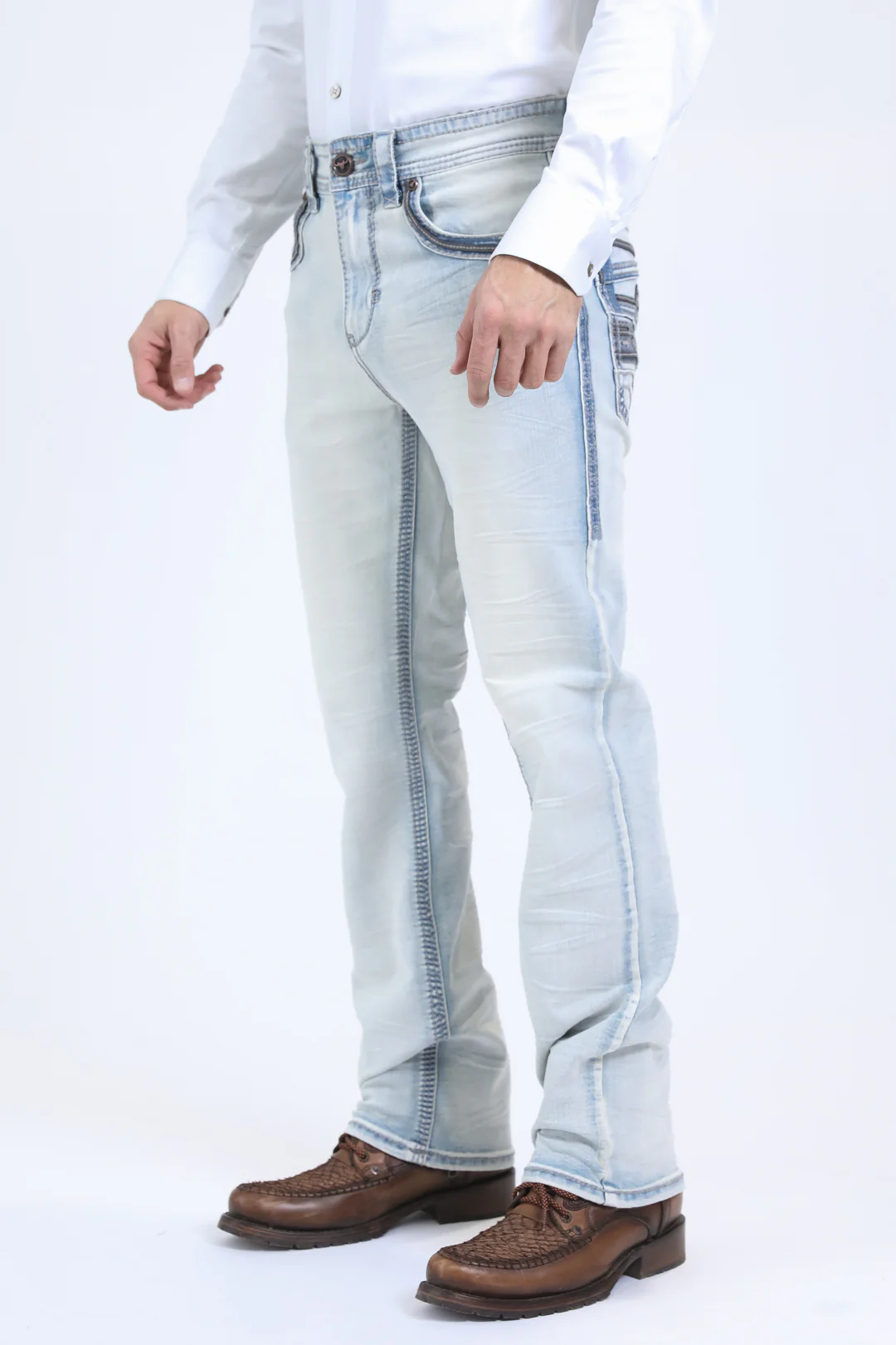 Platini Holt men’s ice blue slim boot cut jeans full-length side view