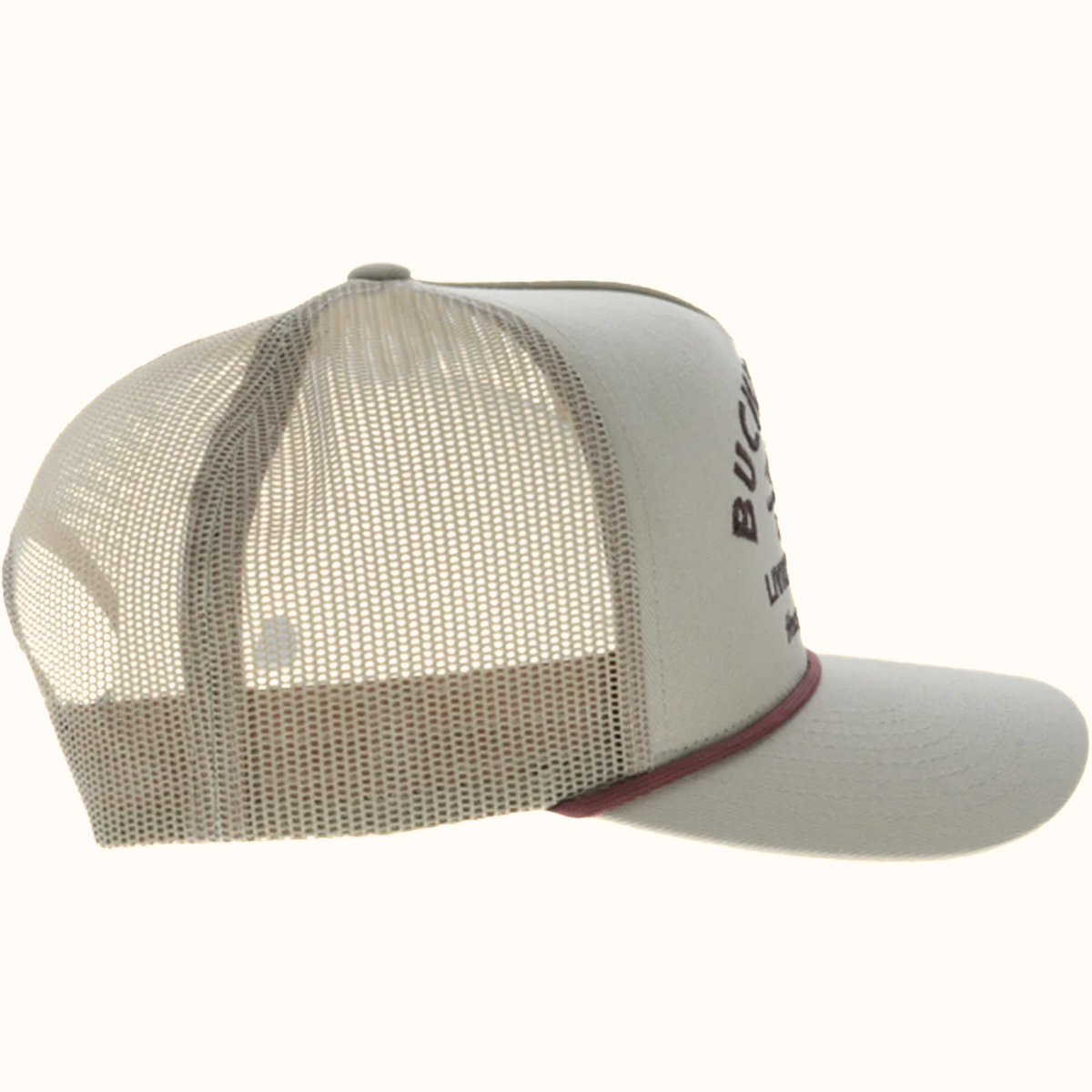 Hooey Buckin’ Hard tan 5-panel trucker hat side view