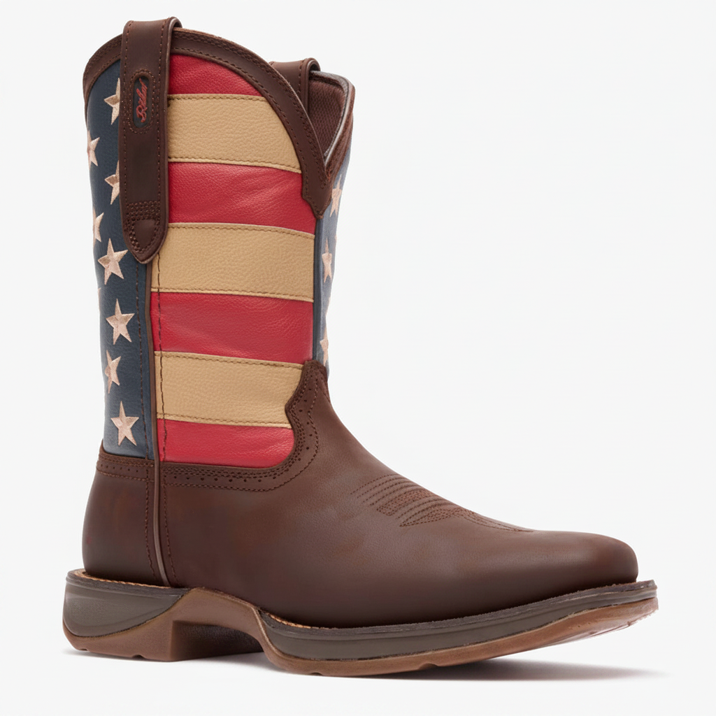Durango Rebel Patriotic Pull-On Western Flag Boot angled side view in brown and red white blue shaft