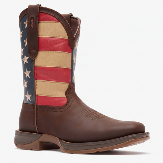 Durango Rebel Patriotic Pull-On Western Flag Boot angled side view in brown and red white blue shaft