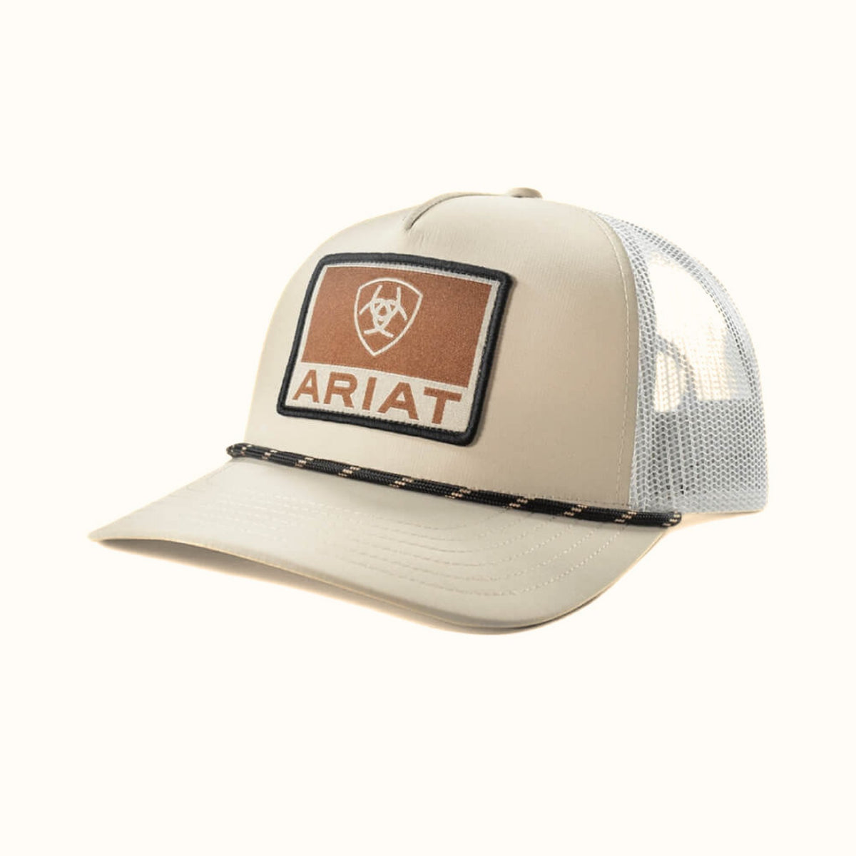 Ariat tan square patch trucker cap front view