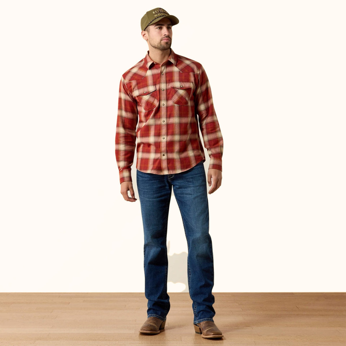 Ariat Retro Hatford Fitted Snap Shirt in red plaid front full view