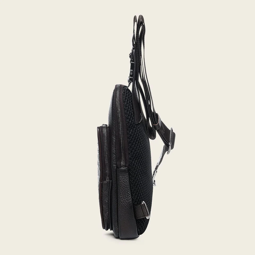 Cuadra Men’s Chocolate Caiman Zipper Bag side view showing slim profile