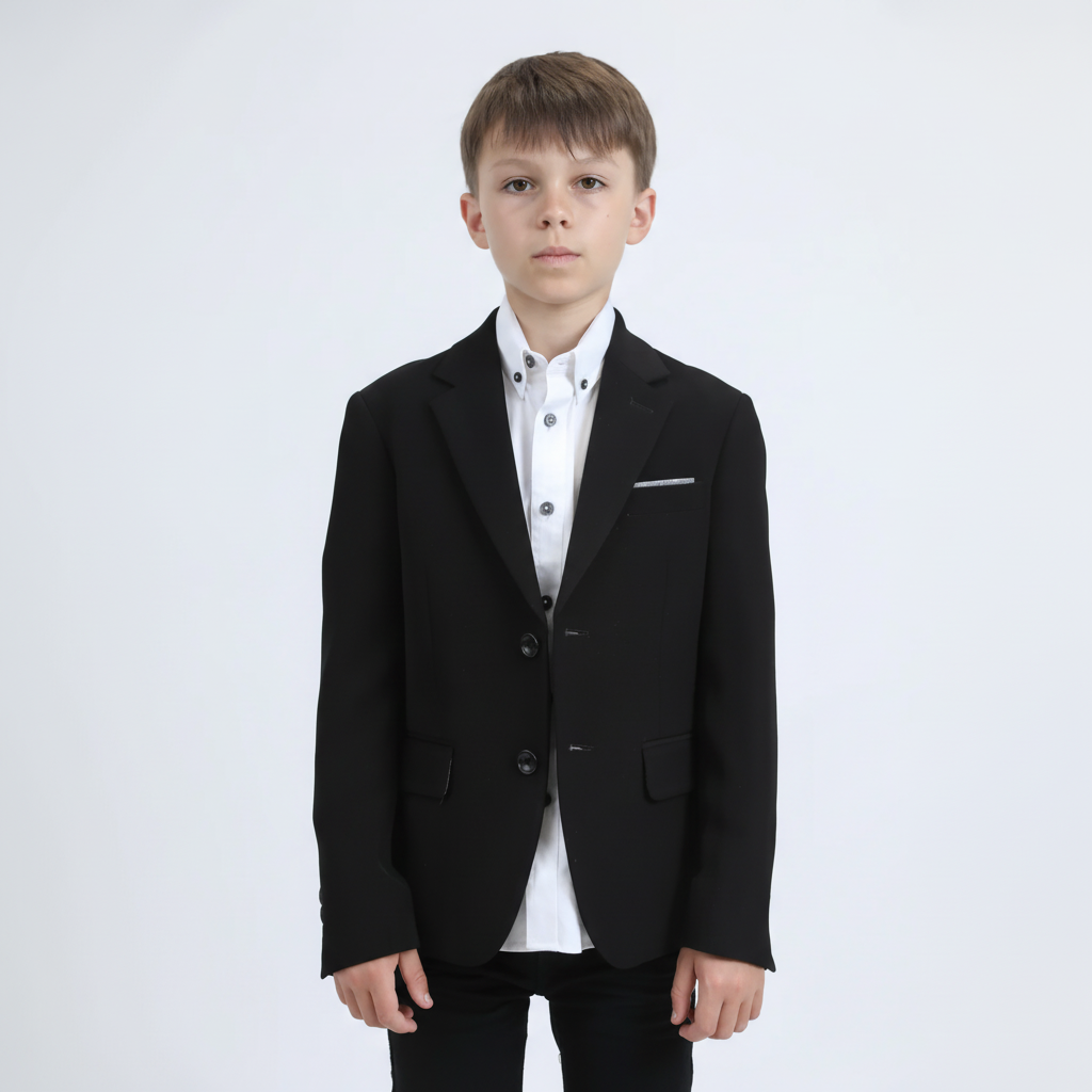 Platini Boys Double Button Black Faux-Suede Blazer front view