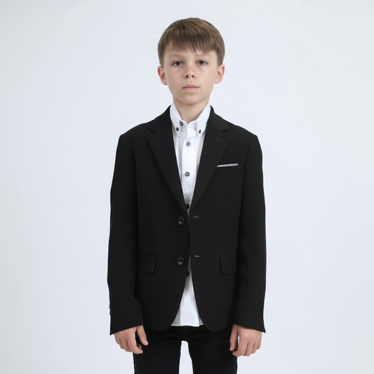 Platini Boys Double Button Black Faux-Suede Blazer front view