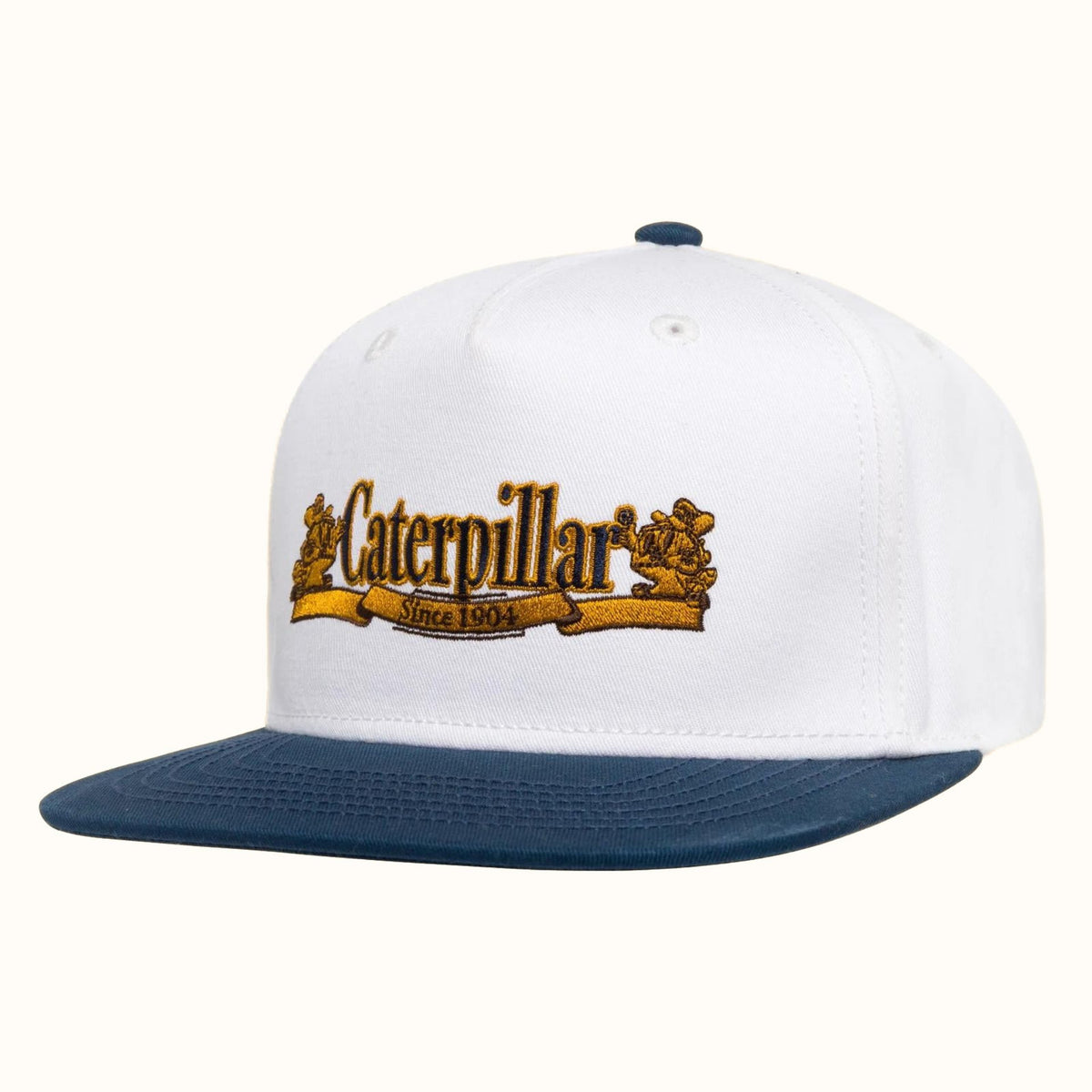 CAT Danny Diesel Flat Bill Cap white and navy front view with Caterpillar logo