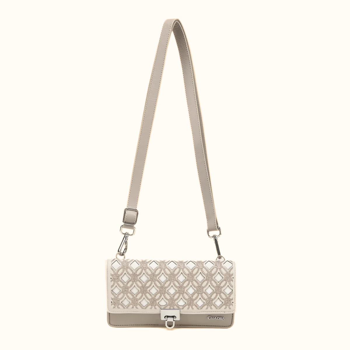 Cuadra women’s taupe embroidered leather wallet with strap front view