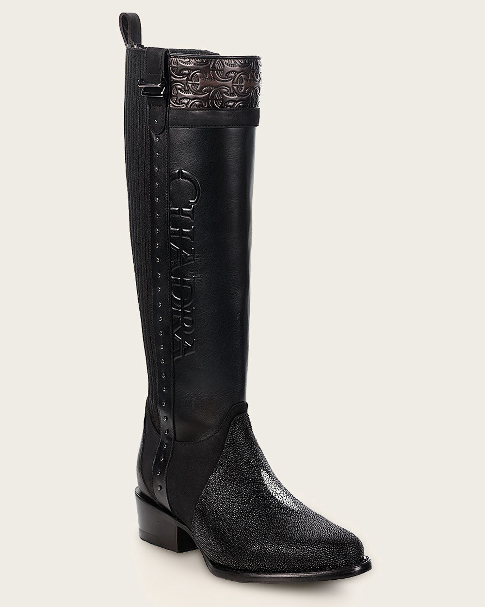 Cuadra Black Stingray Knee High Boots front angle