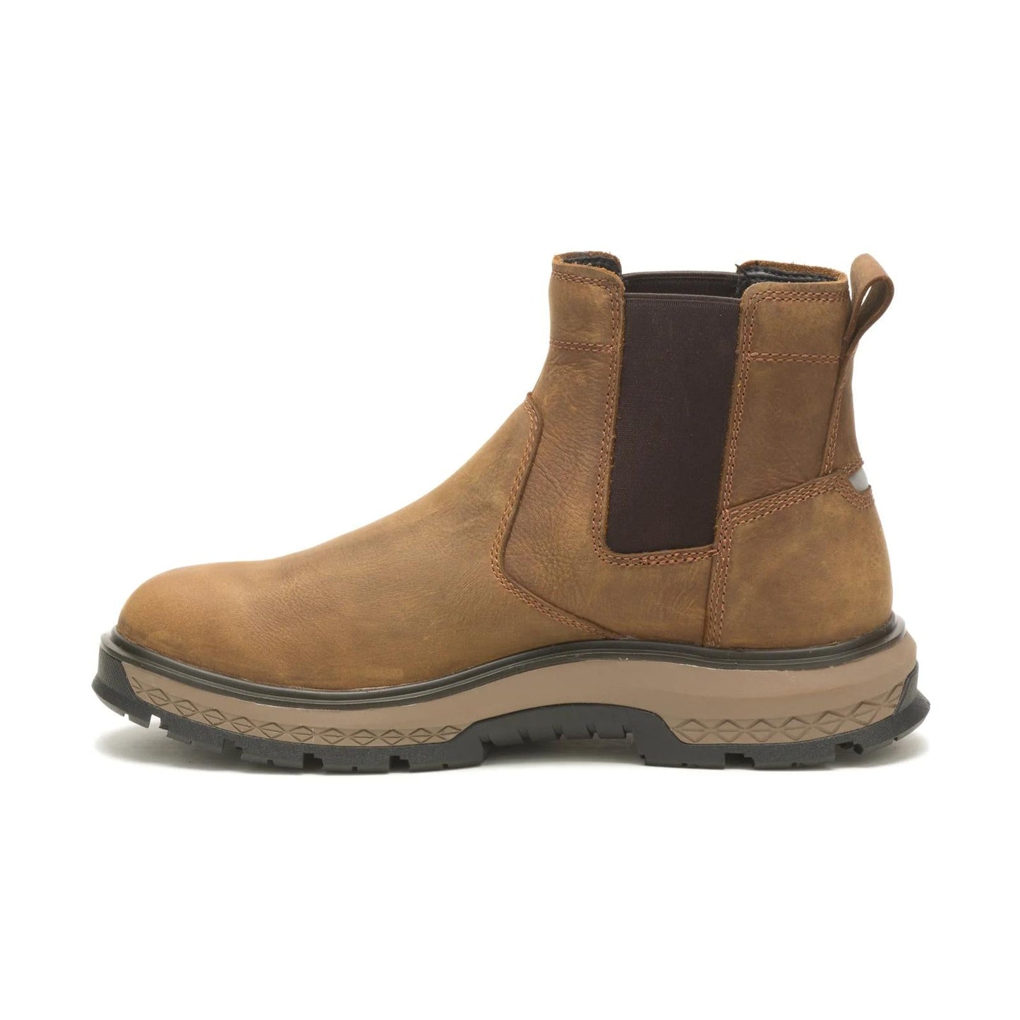 CAT Exposition Chelsea Work Boot side view in beige leather