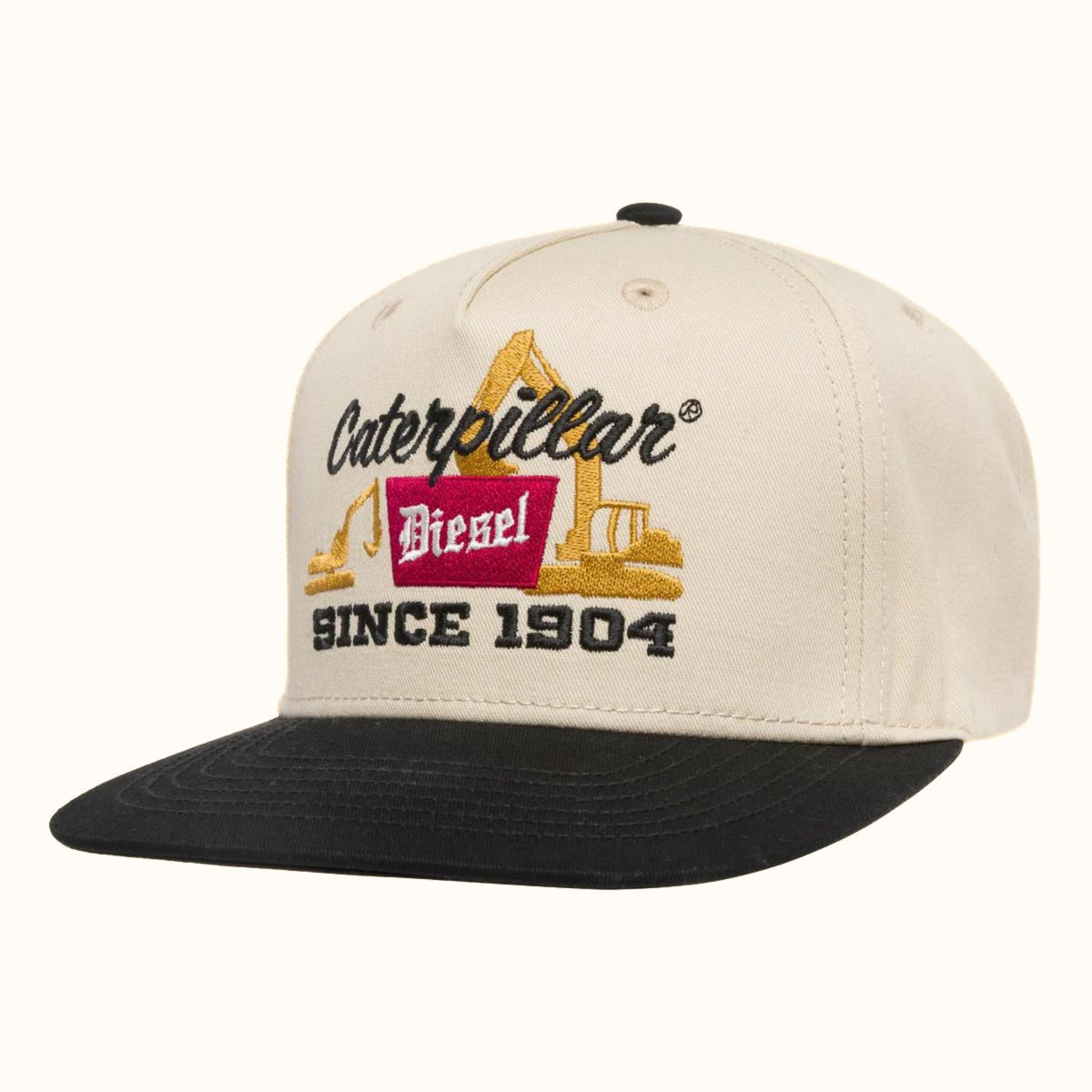 CAT Excavator Flat Bill Cap tan front view with embroidered excavator graphic