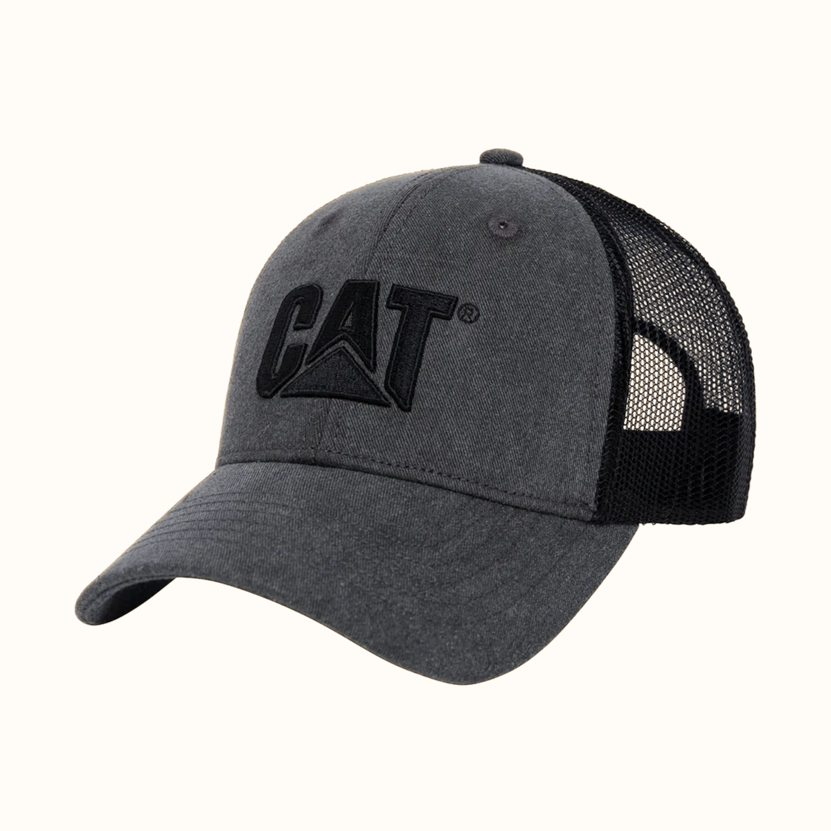 CAT Pigment Dyed Trucker Hat with embroidered CAT logo front view