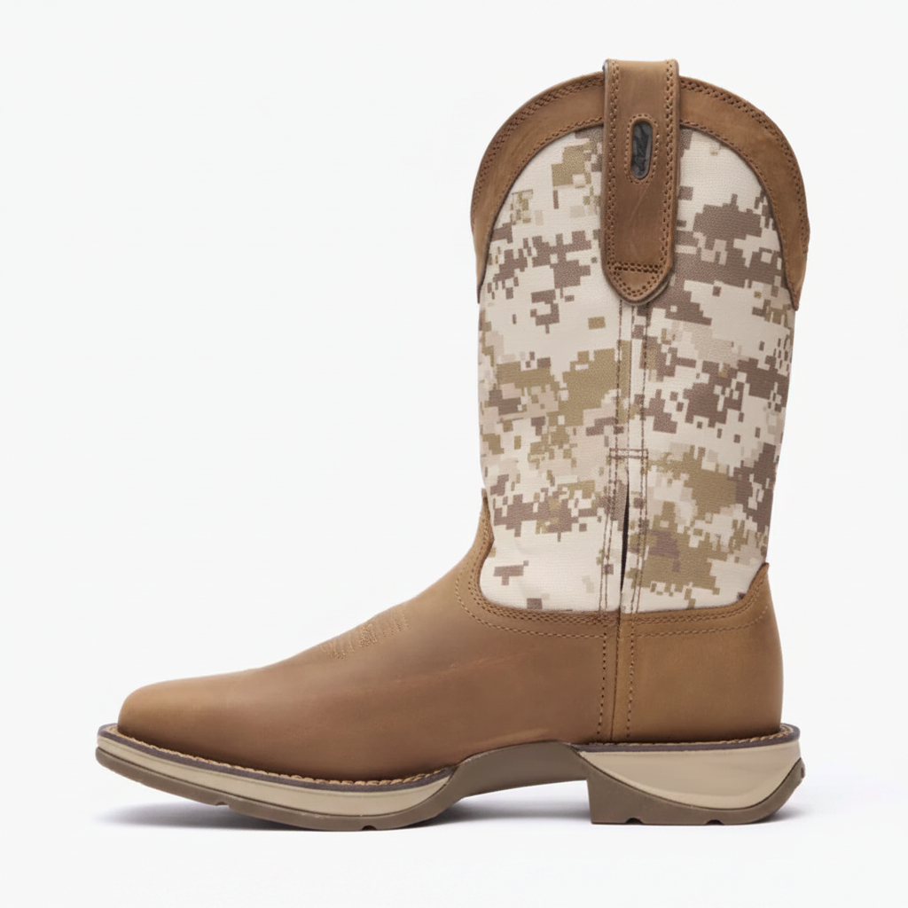 Durango Rebel Desert Camo Pull-On Western Boot side view in tan with desert camo shaft