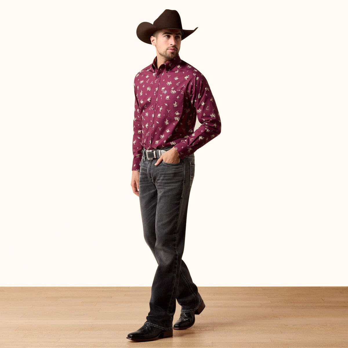 Ariat Canaan Classic Fit Shirt burgundy Western print front full view