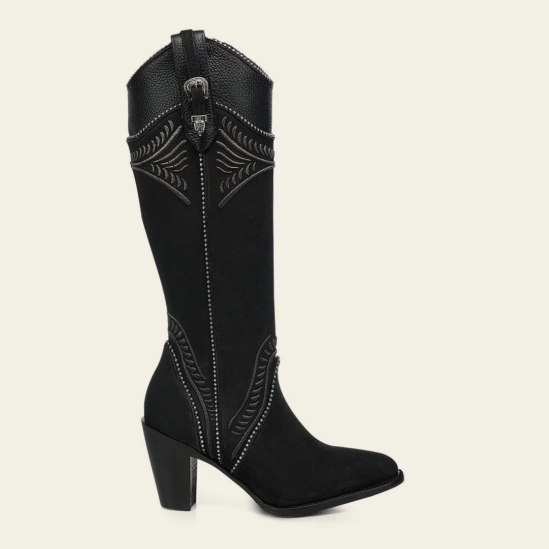 Side view of Cuadra Black Embroider Zipper Round Toe Boot with decorative stitching