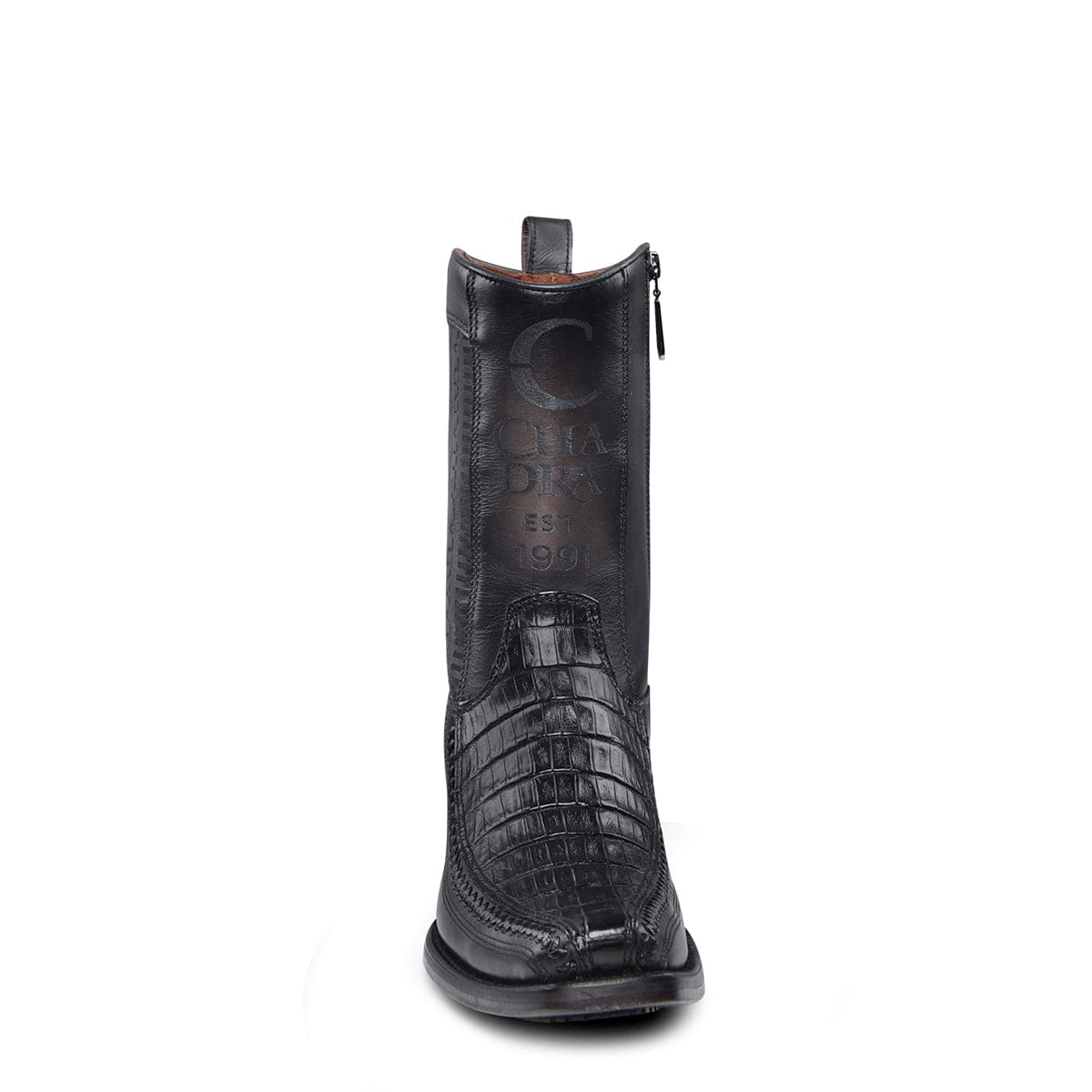 Front view of Cuadra Plunge Black Caiman Laser & Woven Narrow Square Toe Boot