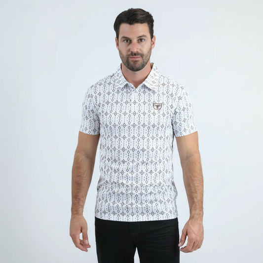 Platini Men’s Performance Fabric Modern Fit Stretch Aztec Print White Polo front view