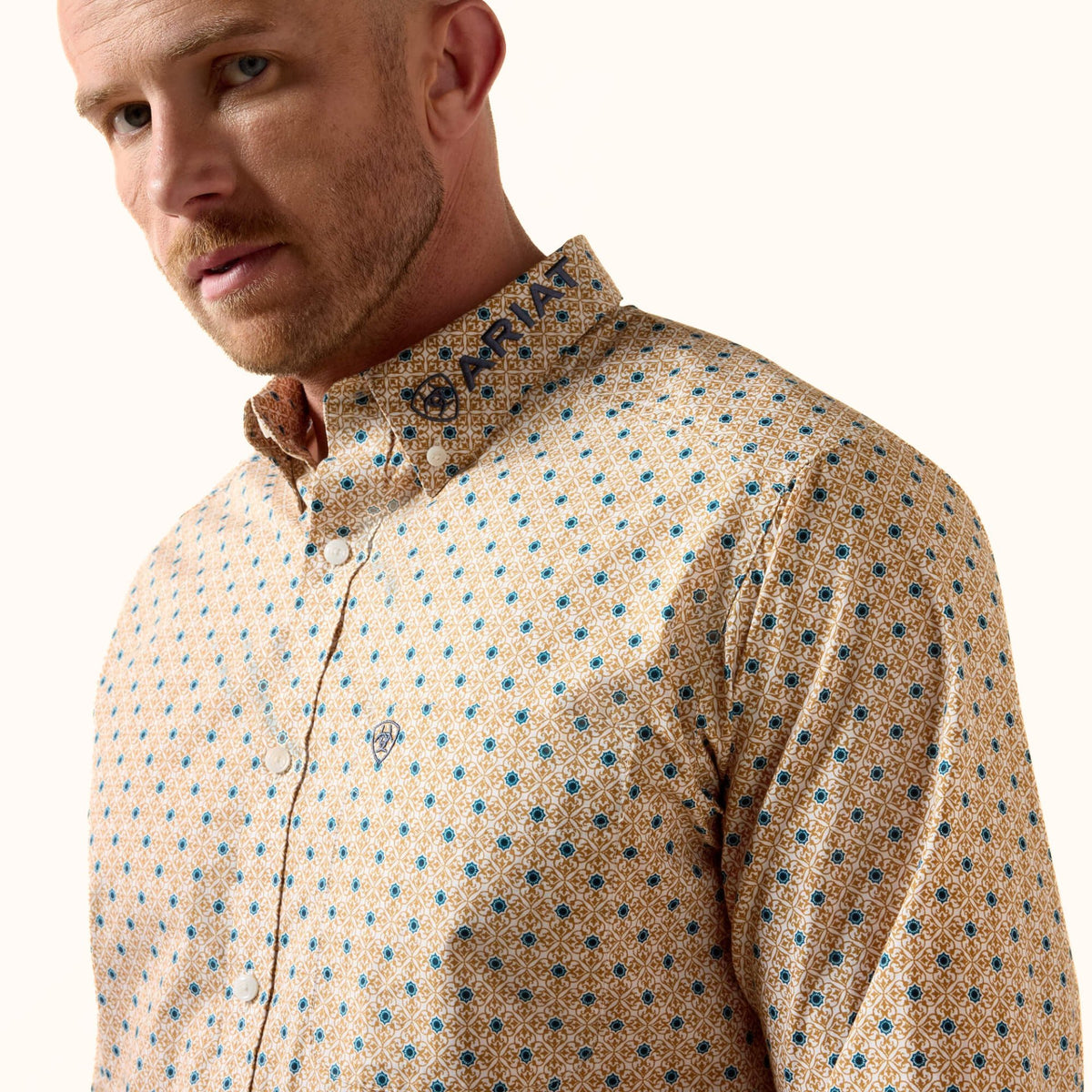 Ariat Team Dusty Classic Fit Shirt tan geometric print front close-up view