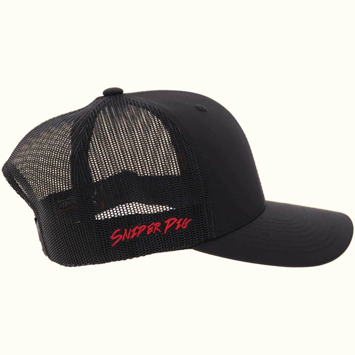 Hooey Sniper Pig black snapback hat side view with grey and red logo