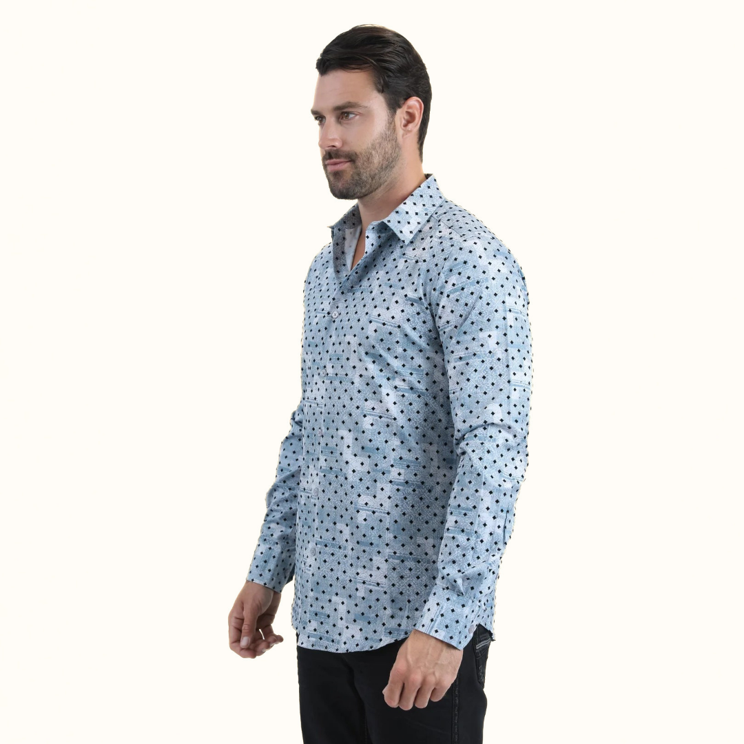 Platini Abstract Patchwork Modern Shirt in blue front angle view