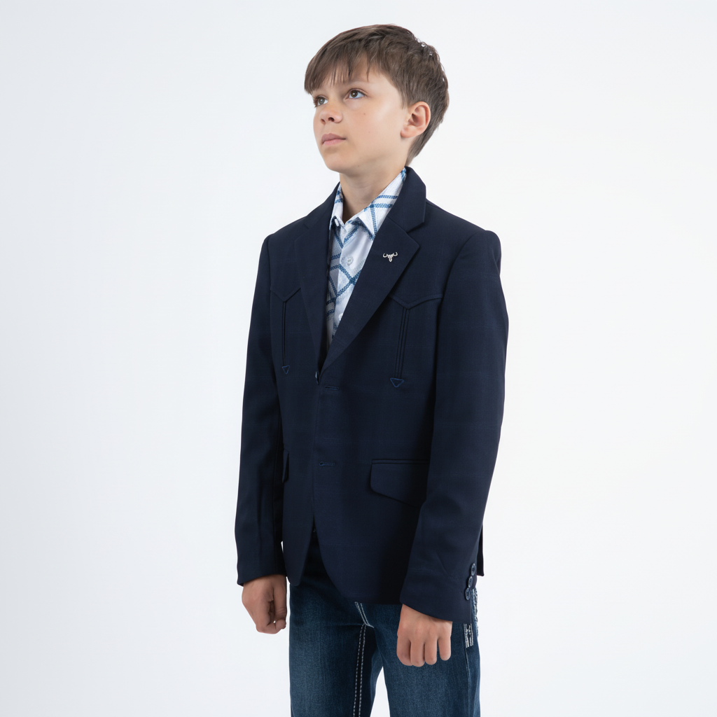Platini Boys Western Fashion Navy Blazer angled front view