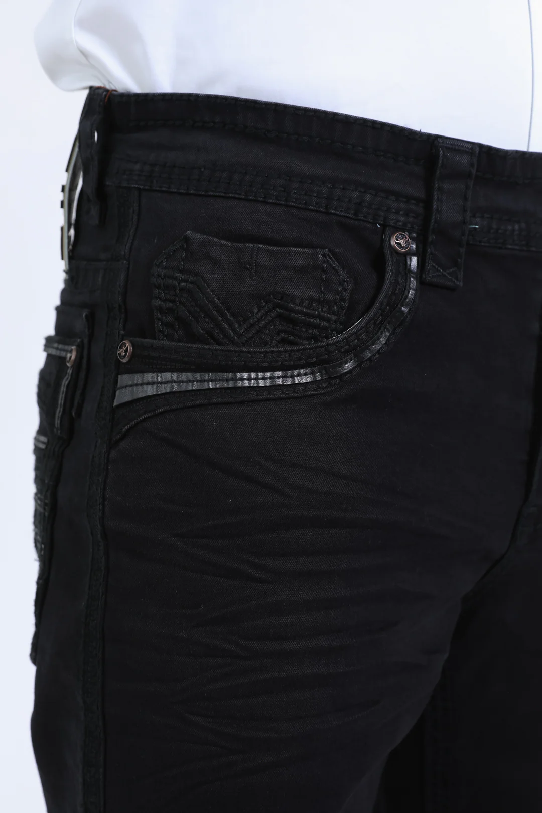 Close-up of back pocket detail on Platini Holt Men’s Black Slim Boot Cut Jeans