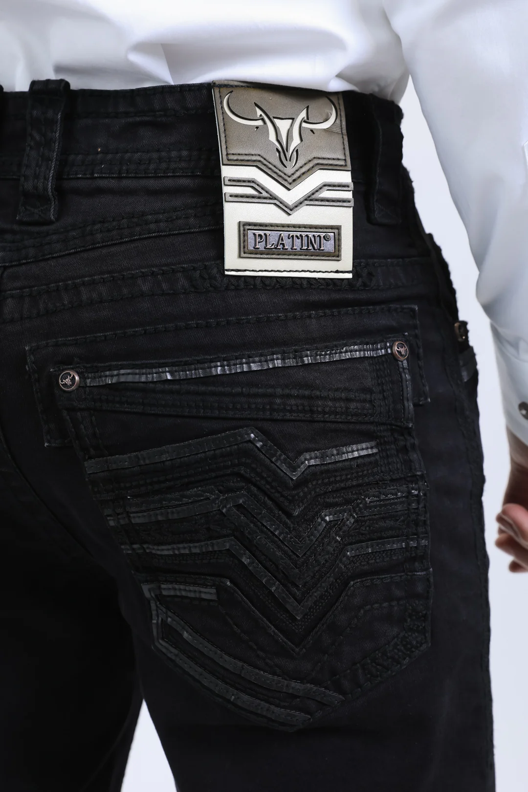 Close-up of rear waistband and pocket detail on Platini Holt Men’s Black Slim Boot Cut Jeans