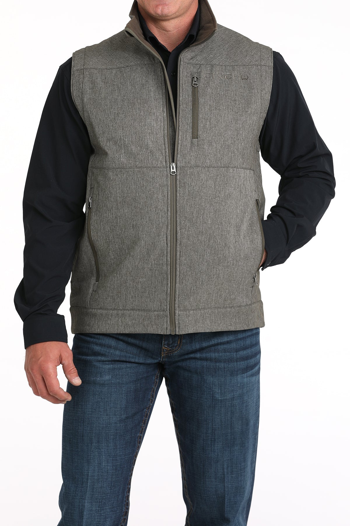 Front view of Cinch Concealed Bonded Vest in olive and gray