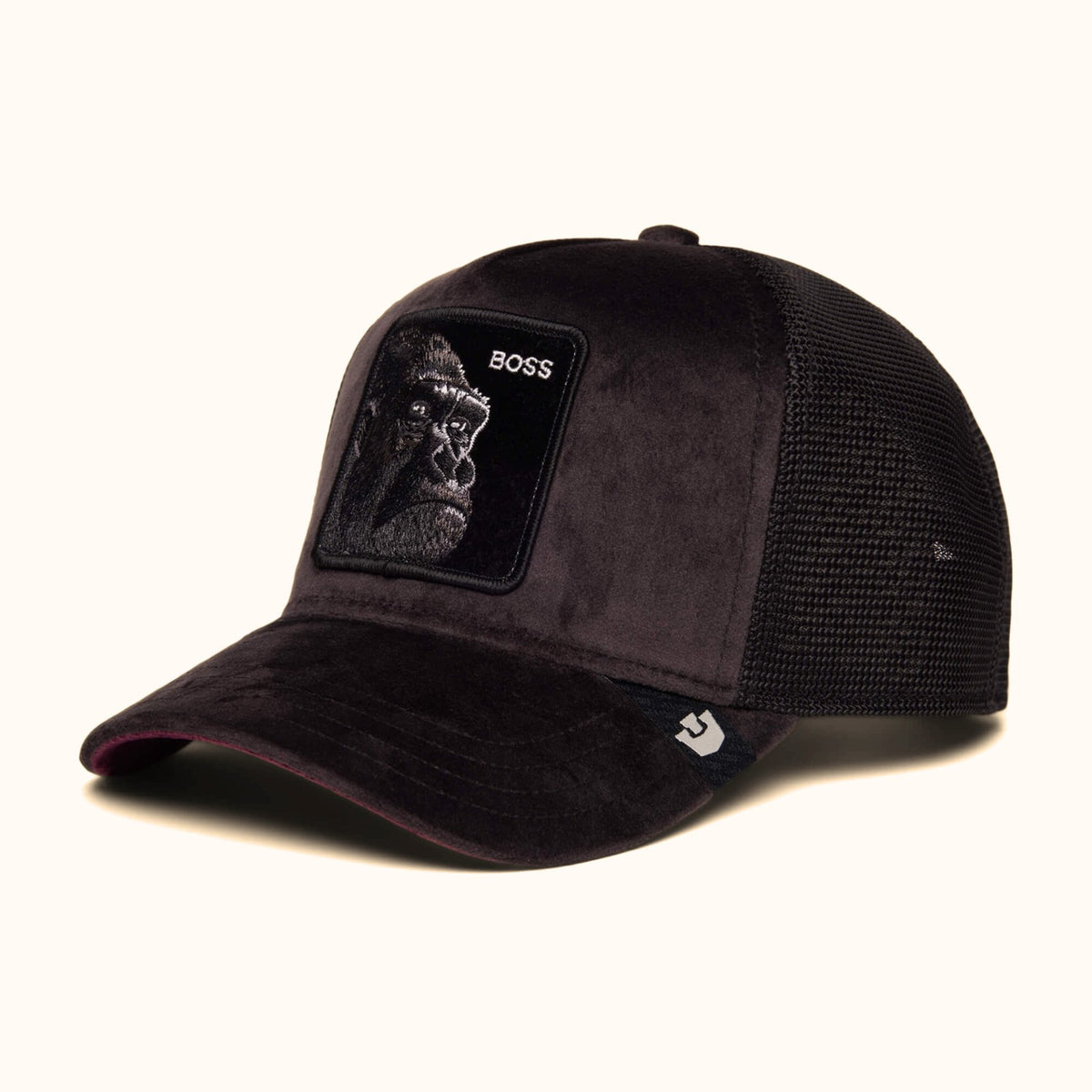 Goorin Bros. Velour Boss black trucker hat angle view