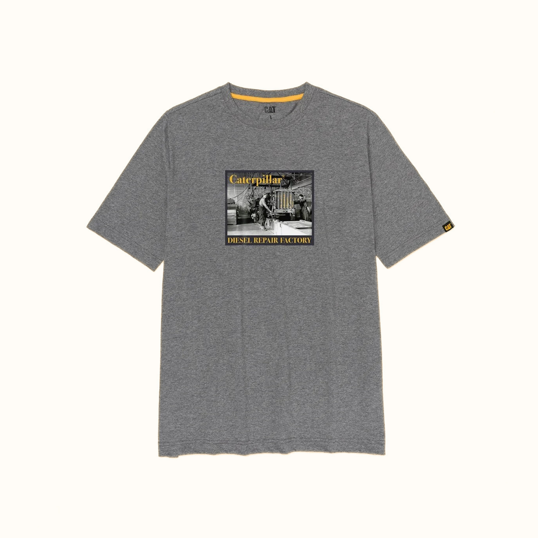 CAT Factory Graphic men’s grey T-shirt front view