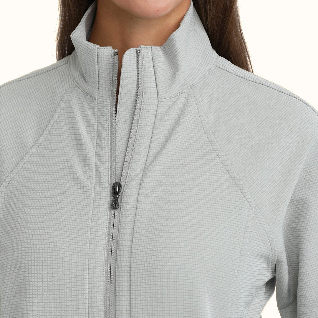 Cinch women’s light gray full-zip jacket front close-up view