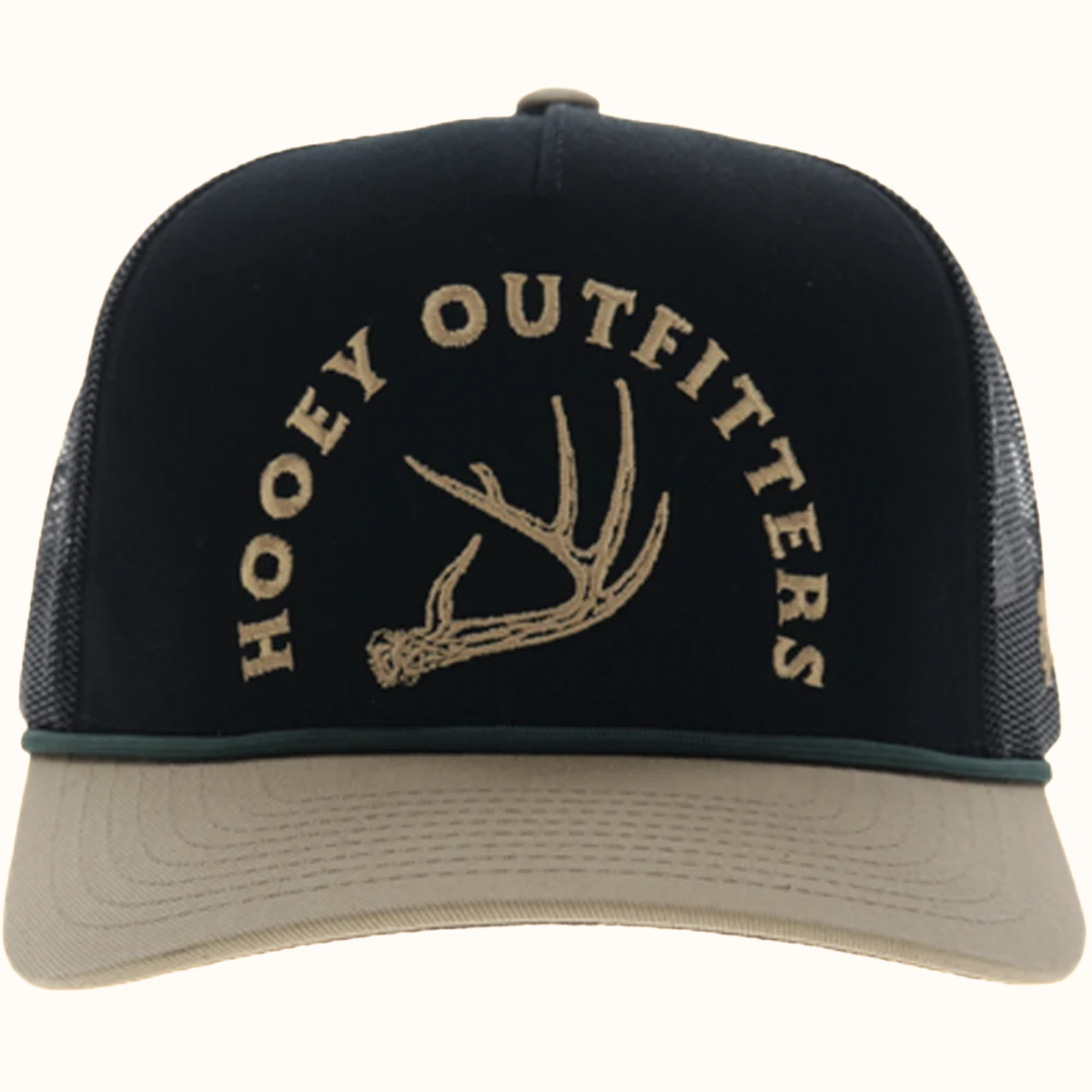 Hooey Shed black and tan 5-panel trucker hat front view