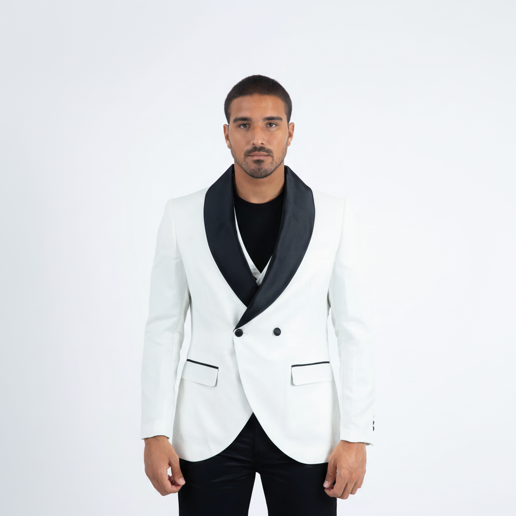 Men Double-Breasted Shawl Lapel Tuxedo Blazer & Vest - White/Black