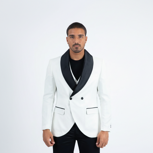 Men Double-Breasted Shawl Lapel Tuxedo Blazer & Vest - White/Black