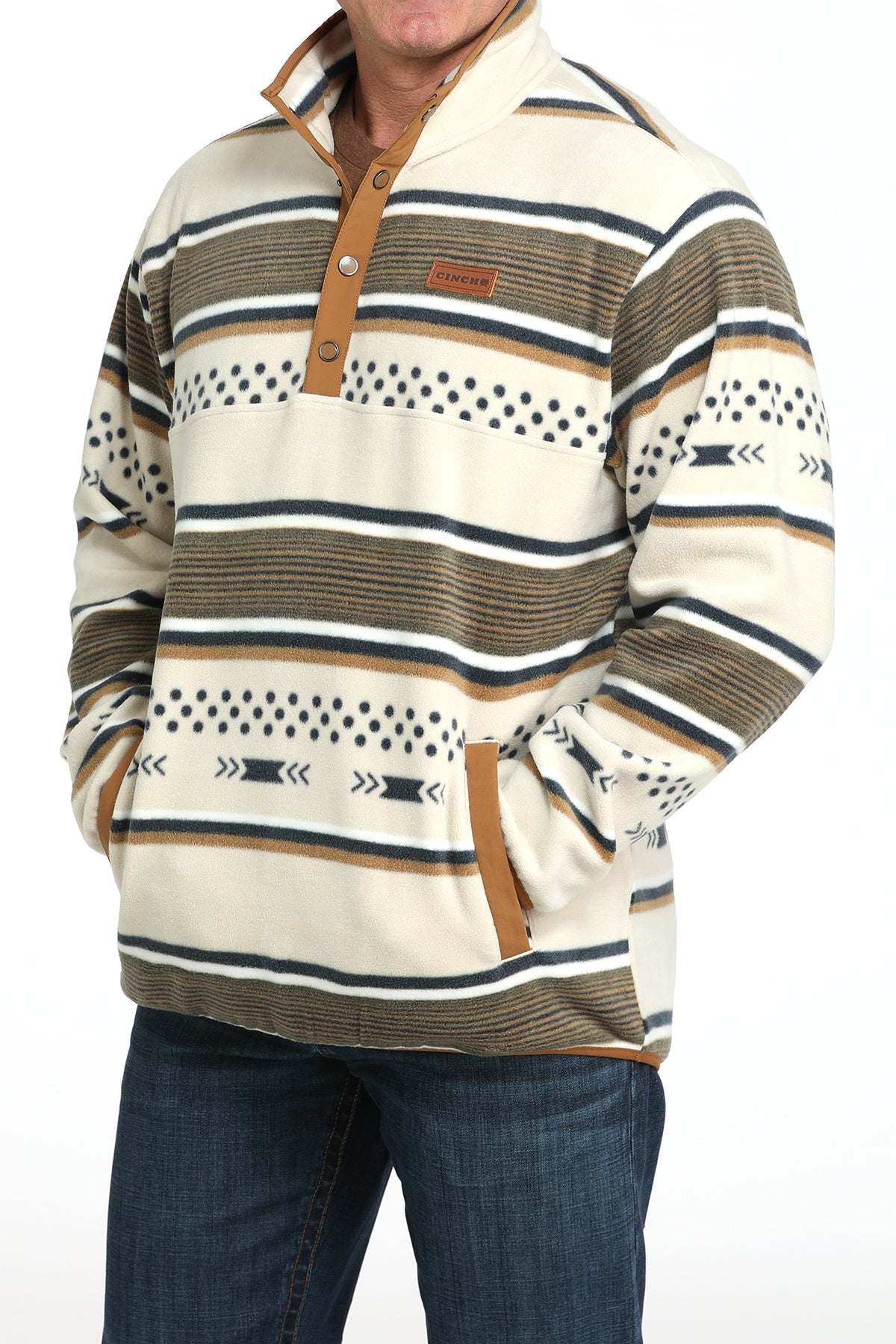 Front view of Cinch Polar Fleece Pullover in beige with southwestern stripe pattern
