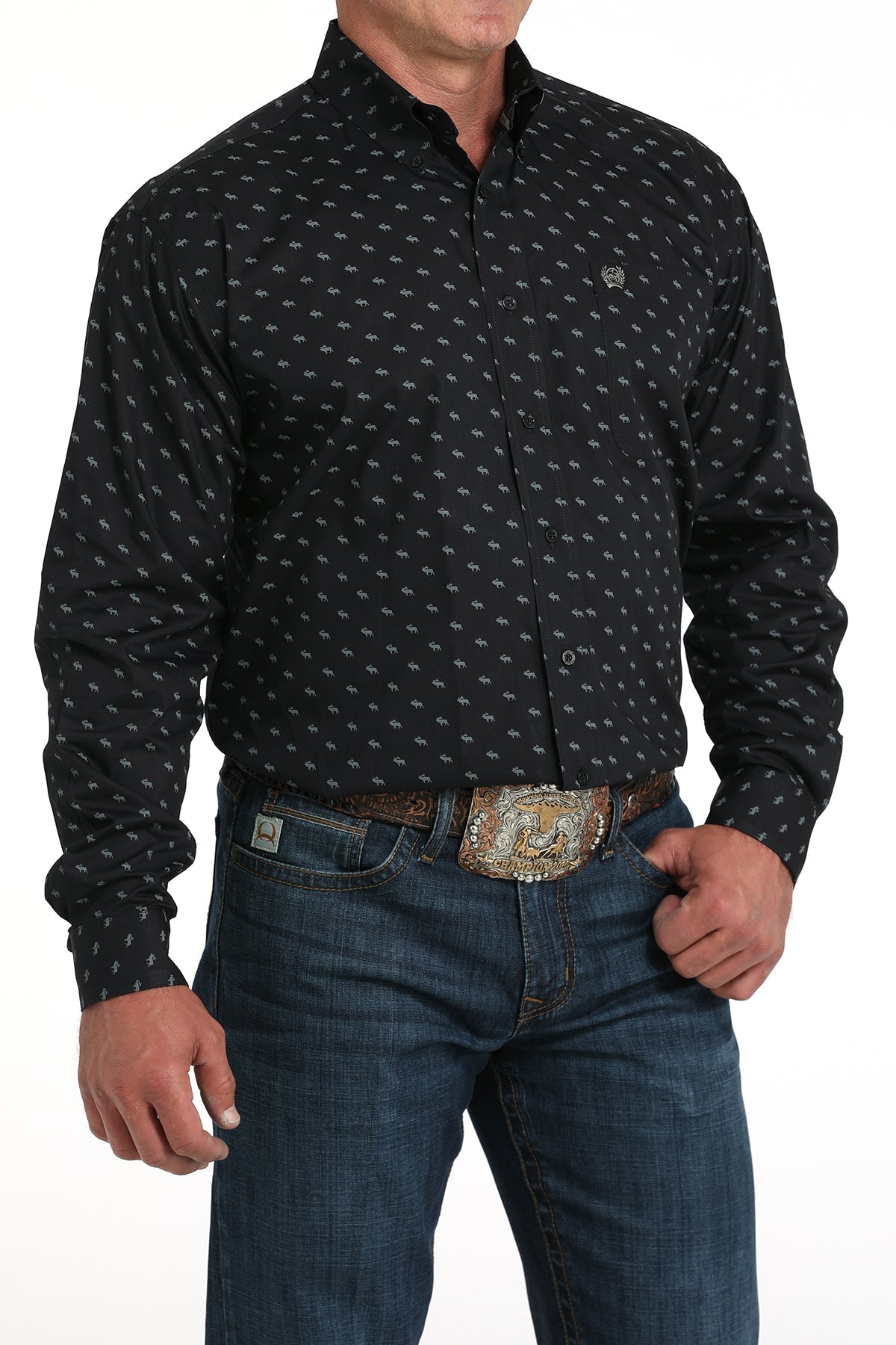 Angled view of Cinch Black Print Button Down Shirt
