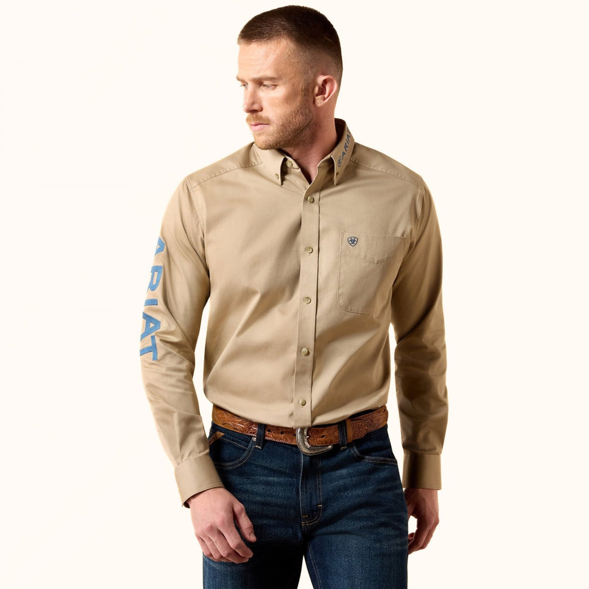 Ariat Team Logo Twill Classic Fit Shirt in Savannah tan front view