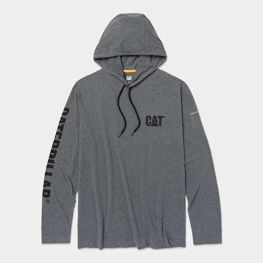 CAT UPF hooded banner long sleeve t-shirt gray front view