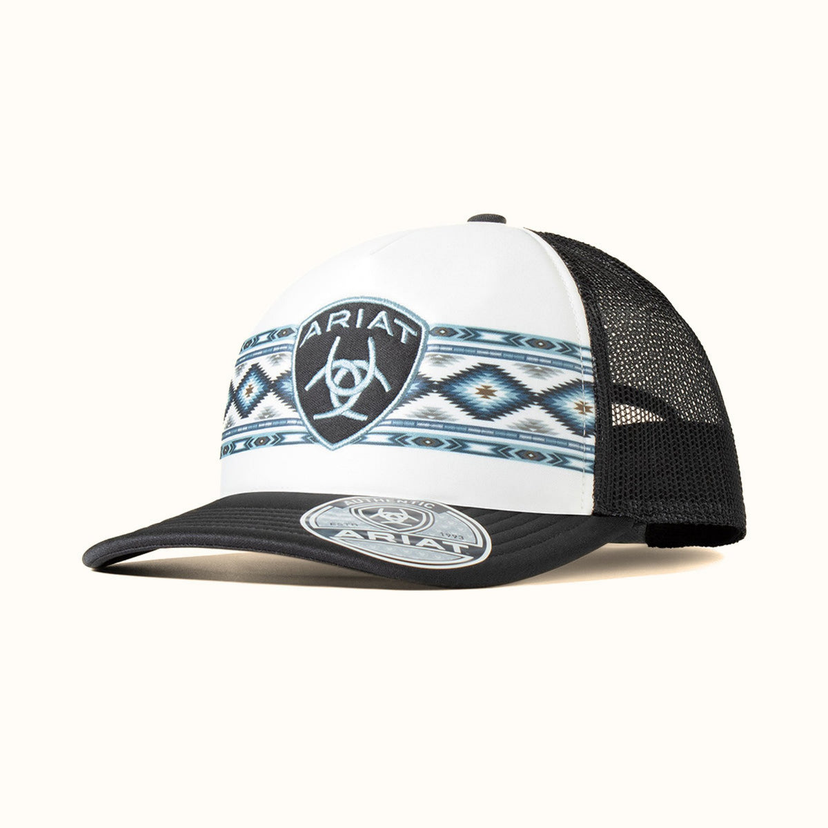 Ariat women’s black and white Southwestern pattern trucker cap front view
