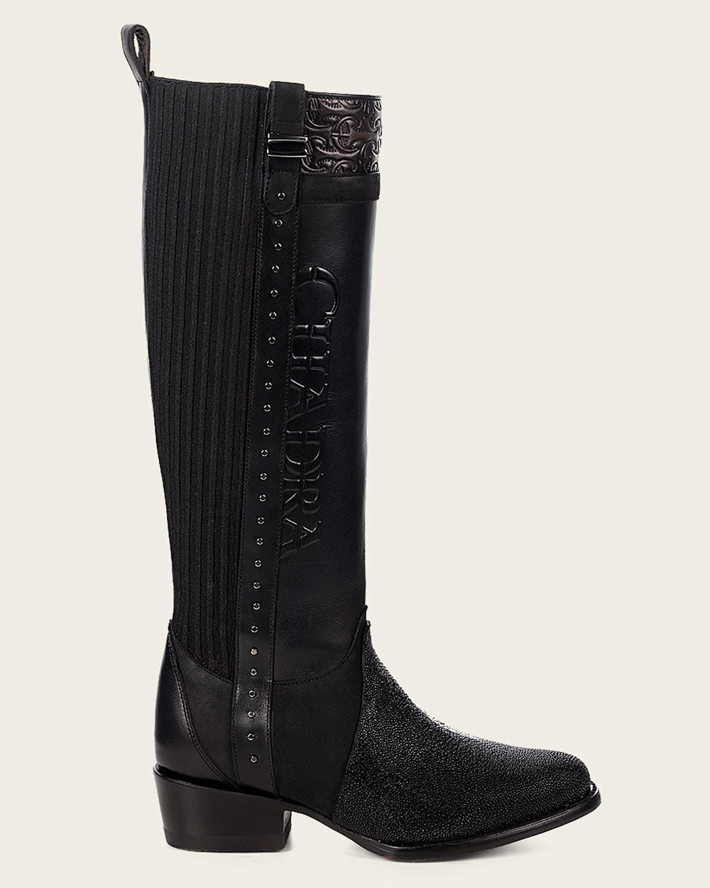 Cuadra Black Stingray Leather Knee High Boots side profile