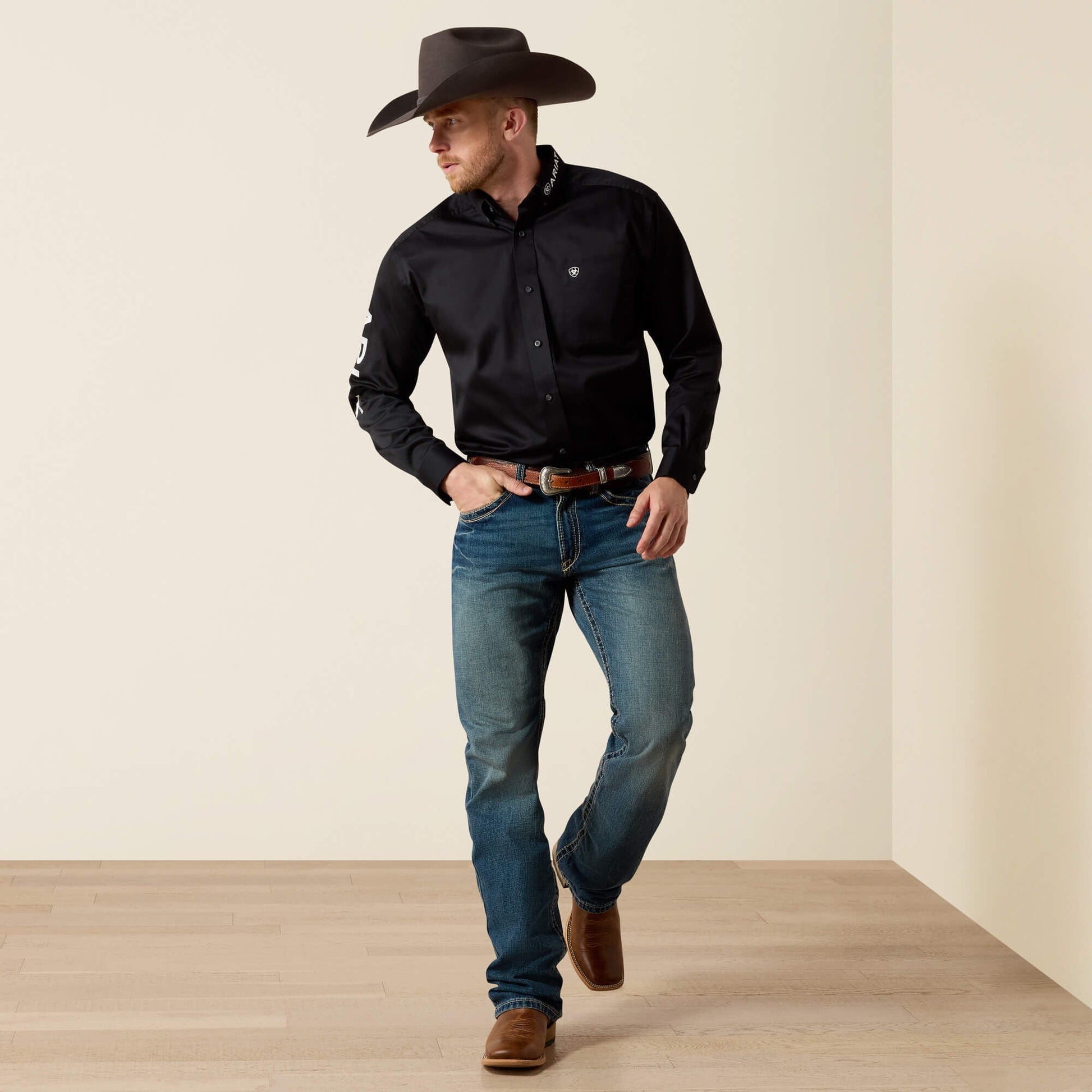 Ariat Team Logo Twill Classic Fit Shirt full body view on model in black