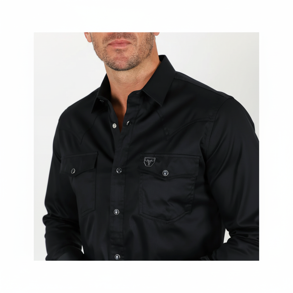 Close-up view of Platini Men’s Modern Fit Solid Black Dress Shirt collar and chest pockets