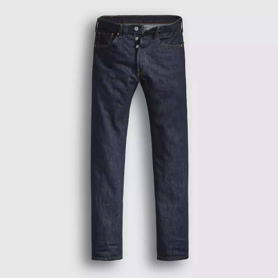Levi’s 501 Original Fit men’s blue jeans product flat lay