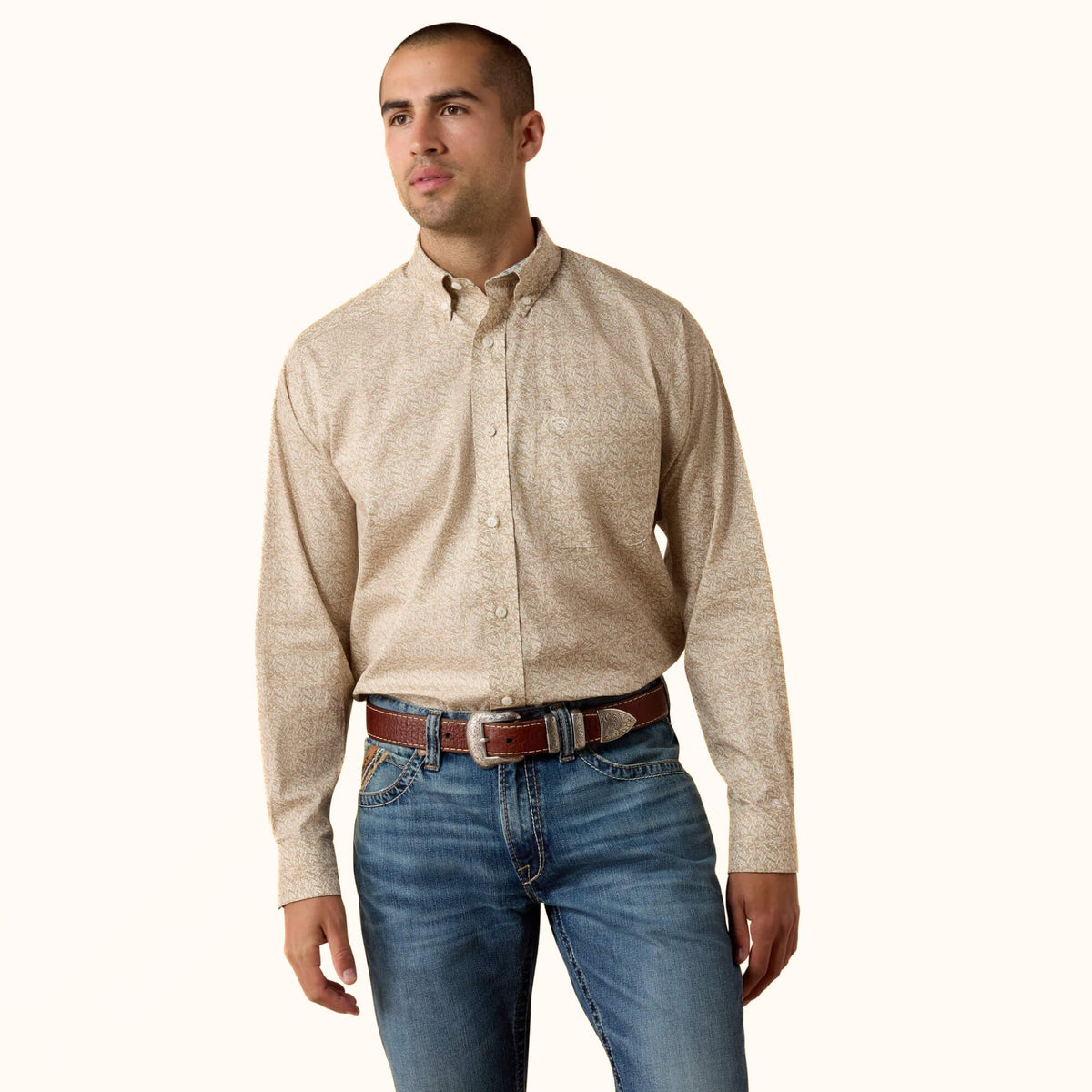 Ariat Wrinkle Free Bartlett Classic Fit Shirt in tan front view